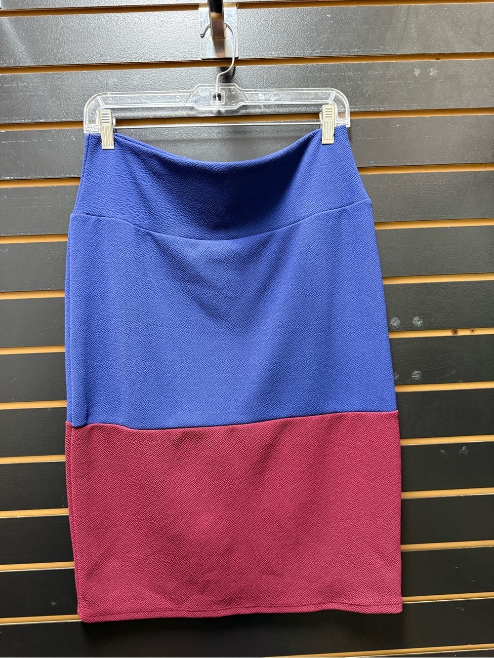 LuLaRoe Cassie Blue Burgundy Colorblock Pencil Skirt Size L